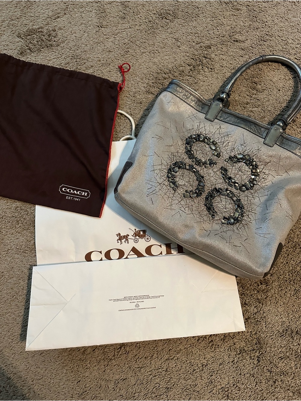 Coach Metallic Silver Tote Bag Jeweled Rare 18 x 15 x 4 w/Coach dust/paperbag